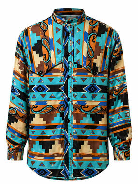 Cowboy Western Rodeo Aztec Shirt Ranch Button Up Bold Print Stand Collar Large